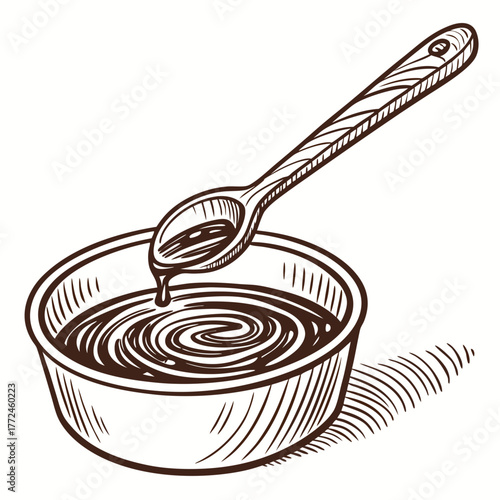 Wooden Spoon Dripping Liquid into a Bowl of Dark Liquid Keywords: spoon, bowl, liquid, dripping, dark liquid, sauce, syrup, oil, cooking, preparation, kitchen utensil, food preparation, culinary