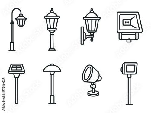 Set of eight minimalist outdoor lighting fixture icons