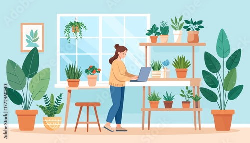 Work from anywhere, remote work Girl working on a laptop surrounded by plants