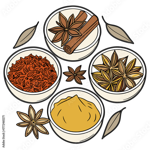 Assortment of Spices and Herbs in Bowls Arranged in a Circle star anise cinnamon stick
