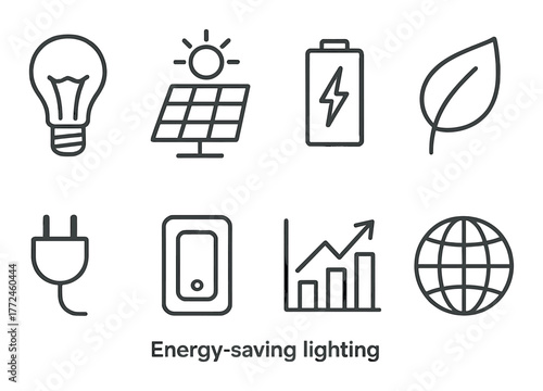 Energy-saving icons featuring solar panels and eco-friendly designs