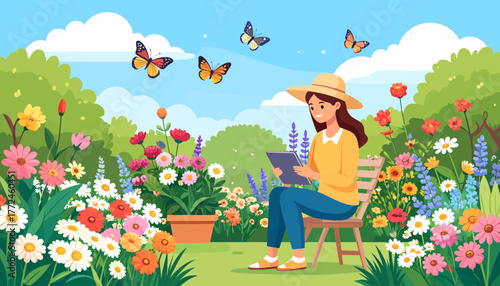 Remote work from home with butterflies, woman in garden with tablet, work from anywhere concept
