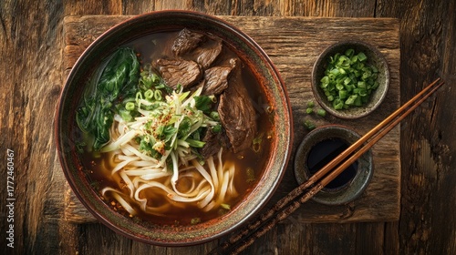 Taiwan dish Beef Noodle Soup Rich broth with tender beef dark liquid with noodles