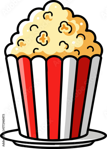 Classic cinema popcorn in a red and white striped bucket, flat vector illustration.