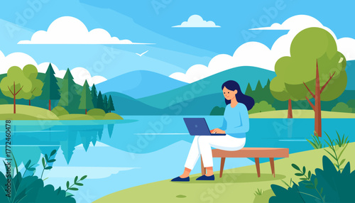 Work from anywhere Remote work lifestyle by the lake, enjoying nature while working on laptop