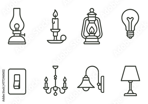 Vintage and modern lighting icons on green background: lanterns, chandeliers, and lamps