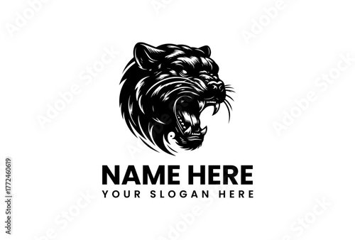 Powerful black panther or puma head roaring with fierce expression, dynamic vintage style mascot logo illustration for sport teams, gaming, or branding identity