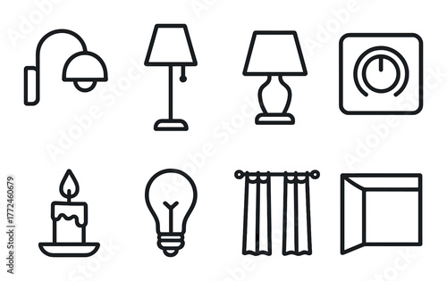 Set of minimalist home icons: lamps, light bulb, candle, curtains, and window