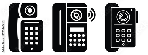 video door phone icon set, black color and white background