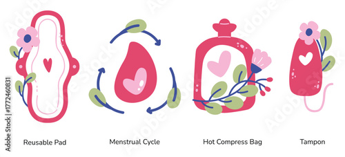 Pink Red Women Hygiene Pads Product with Flower Collection Illustration