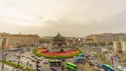 Aerial timelapse of the Bell Tower in Xian with roundabout traffic at sunset and glowing evening sky