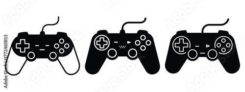 video game controller icon set, black color and white background