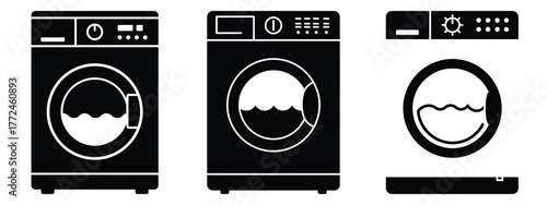 washing machine minimal icon set, black color and white background