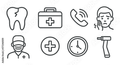 Dental emergency icons: cracked tooth, medical kit, helpline, dentist, clock, dental tools