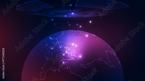 Global Data Communication Network Background: Futuristic Earth Map and Satellite Technology Dish