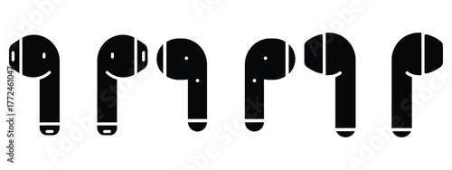 wireless earbuds minimal icon set, black color and white background