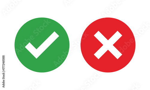 Check mark icons. green check mark and red cross mark icon set. green tick and red x. Symbols of approval and Decline, vector illustration