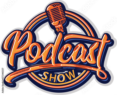 Vibrant Podcast Show Logo with Retro Microphone