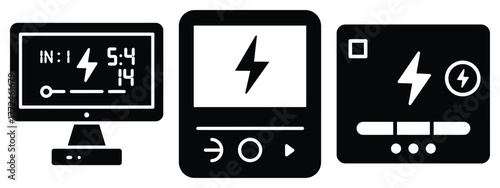 smart energy monitor icon set, black color and white background