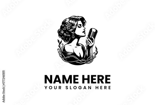 Elegant Vintage Woman Singing into a Retro Microphone, Perfect for Music, Performance, or Entertainment Brands