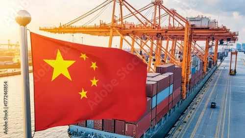 China's busy port scene showcasing shipping containers and flag