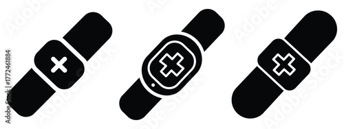 smart medical band icon set, black color and white background