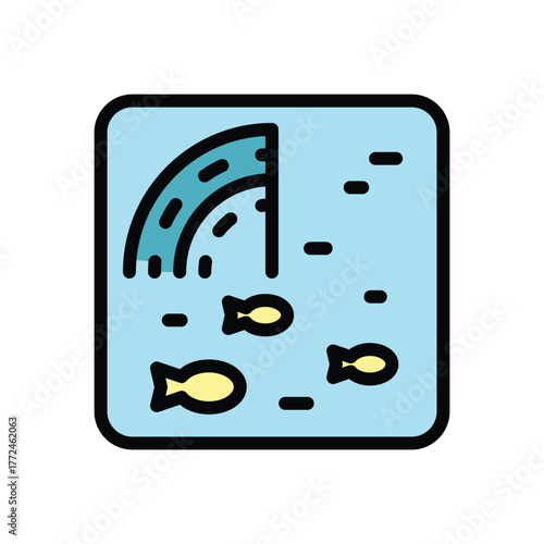 An icon of an aquatic scene A curved aqueduct pours water into a body Three fish and bubbles are present