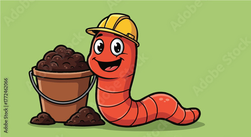 Enthusiastic Cartoon Earthworm Character with Hard Hat, Shovel, and Pile of Earth
