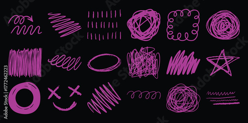 Collection of Hand-Drawn Purple Scribble Shapes and Lines on Black Background