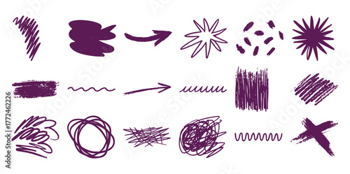 Collection of Hand-Drawn Purple Scribbles, Arrows, and Abstract Shapes