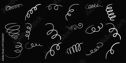 Collection of Hand-Drawn White Swirls and Spirals on a Black Background