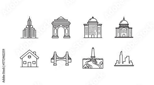 Collection of iconic architectural landmarks buildings and structures hand drawn sketch style icons vector
