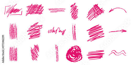 Collection of Pink Crayon Scribbles, Strokes, and Arrows on White Background