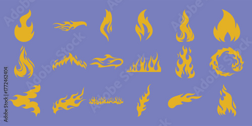 Collection of Yellow Flame Graphics on a Purple Background