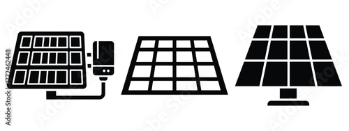 solar panel minimal icon set, black color and white background