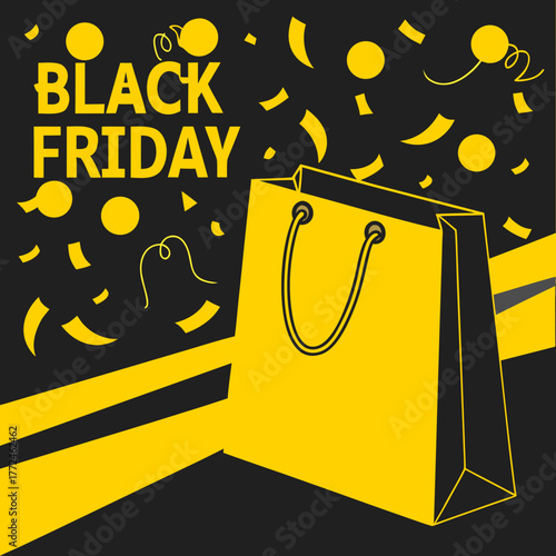 Black Friday sale background with glossy effect, black gold confetti, festive concept, vector illustration