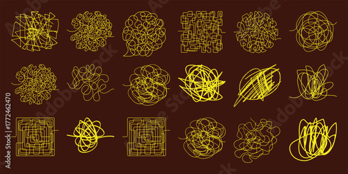 Collection of Yellow Scribble and Maze-like Line Art on Brown Background
