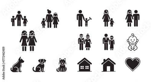 Family and Pets Graphic Pictograms Diverse Families and Domestic Animals Vector Illustration
