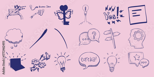 Hand-Drawn Business and Idea Icons with Lightbulbs and Thought Bubbles