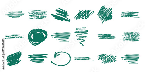 Collection of Green Crayon Scribbles and Strokes on White Background