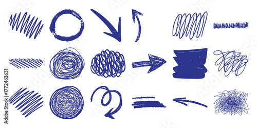 Collection of Hand-Drawn Blue Scribbles, Arrows, and Shapes on White Background