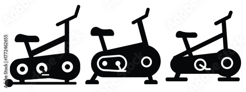 stationary bike minimal icon set, black color and white background