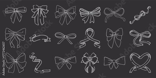 Collection of Hand-Drawn Bows and Ribbons on a Dark Background