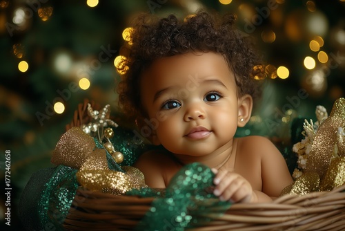 A mixed-race toddler with a charming expression rests her head in a cozy basket filled with soft fabric and greenery, adorned with twinkling lights, creating a warm, festive atmosphere