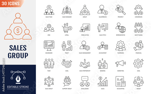 Sales team line editable icon set. Containing icons: Sales department, salesperson, prospect, conversion, sales report, marketing, sales pitch and more. Vector illustration
