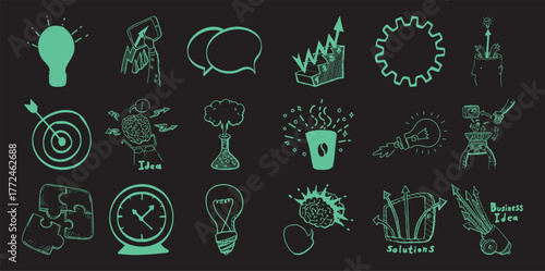Collection of Hand-Drawn Business and Idea Icons on a Black Background