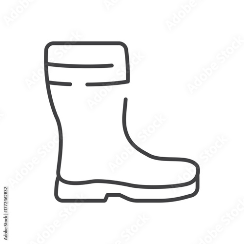 An outline of a Wellington boot depicting the side view with details of the sole and top opening