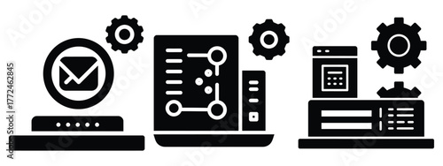 technology innovation minimal icon set, black color and white background