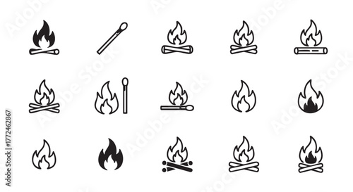 Fire and match icon set in vector format on white background