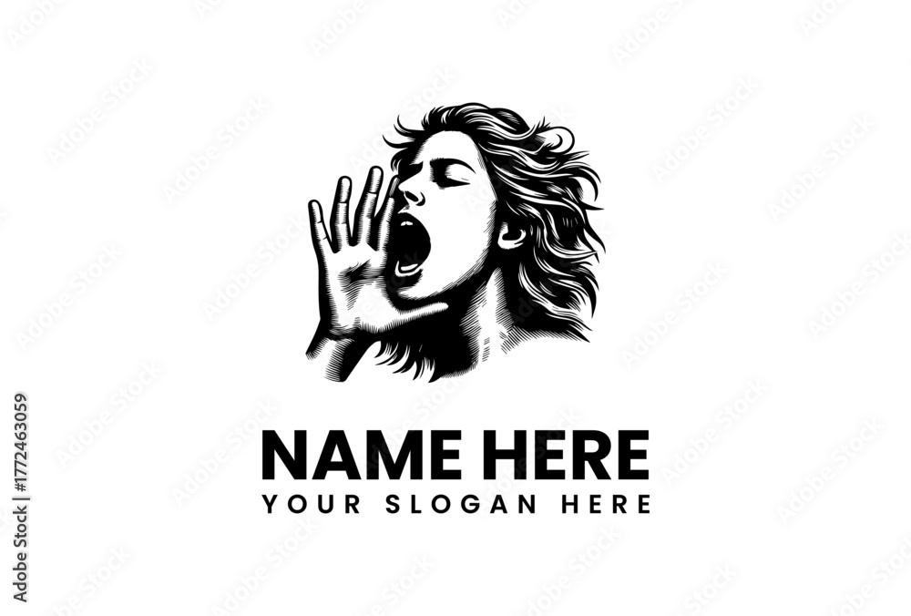 Fototapeta premium Woman's Shout Logo Template Creative Design with Open Mouth and Speech Bubble for Branding